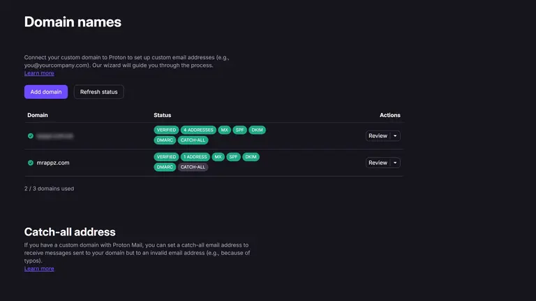 Set up ProtonMail custom domain: verified panel