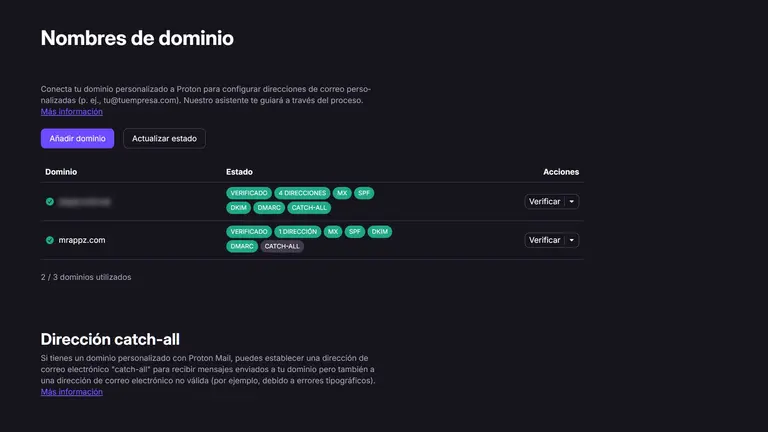 Configurar ProtonMail con dominio personalizado: panel verificado