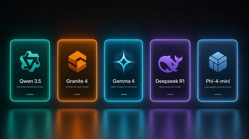 Visual comparison of five LLM models for 8GB VRAM: Qwen3.5-9B, Gemma 4 12B, Phi-4-mini, DeepSeek-R1 and Granite 4