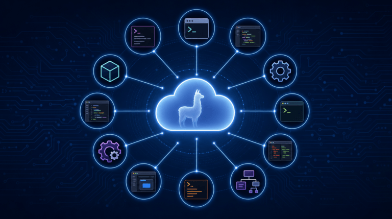 Doce iconos de arneses para Ollama Cloud conectados a una nube central con el logo de Ollama, sobre fondo oscuro con circuitos azulados