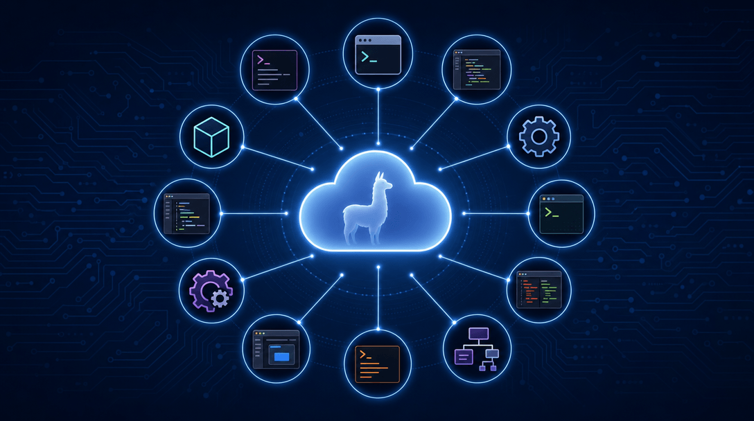Doce iconos de arneses para Ollama Cloud conectados a una nube central con el logo de Ollama, sobre fondo oscuro con circuitos azulados